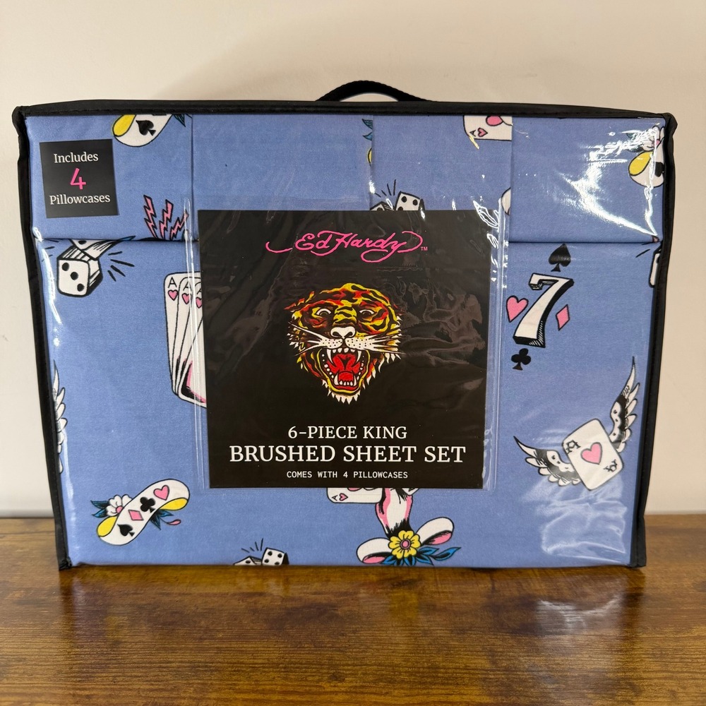 New Ed Hardy King 6 Pc Double Brushed Sheet Set Blue Cards Dice Bedding Y2K